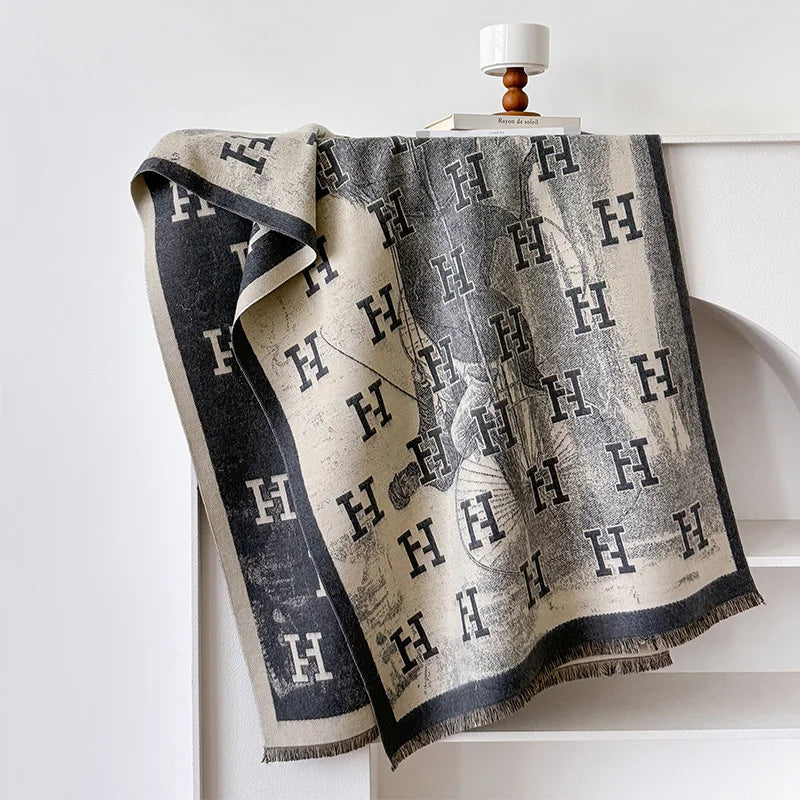 Bufanda de mujer nueva de la marca 2025 con letras, de lujo, para otoño e invierno, cálida, con estampado, tipo pashmina. Bufanda tipo foulard.
