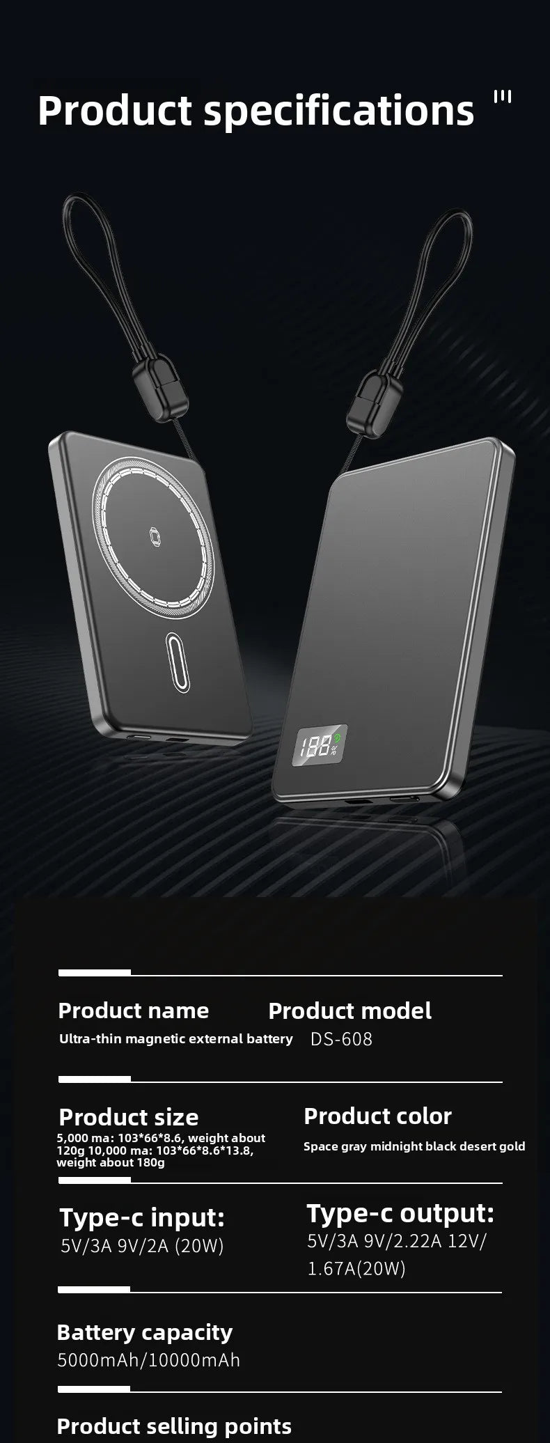 Batería externa magnética ultradelgada 3 en 1 de 10000 mAh con carga rápida y cable integrado para relojes y auriculares recargables PD 22.5WS