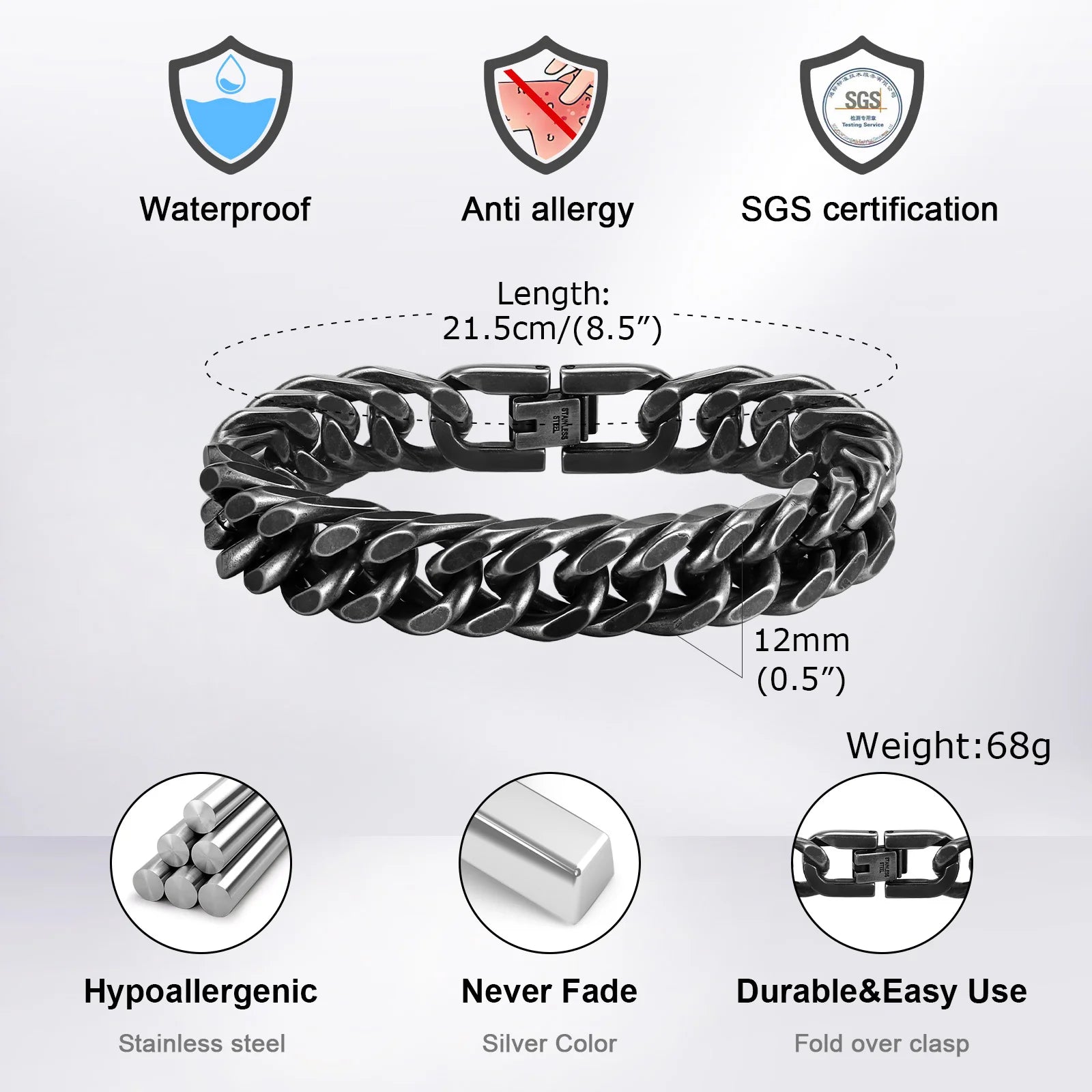 Pulsera de cadena cubana gruesa para hombre, acero inoxidable, oro, plata, negro, estilo retro, eslabones Miami, regalo, 8/10/12/15 mm de ancho