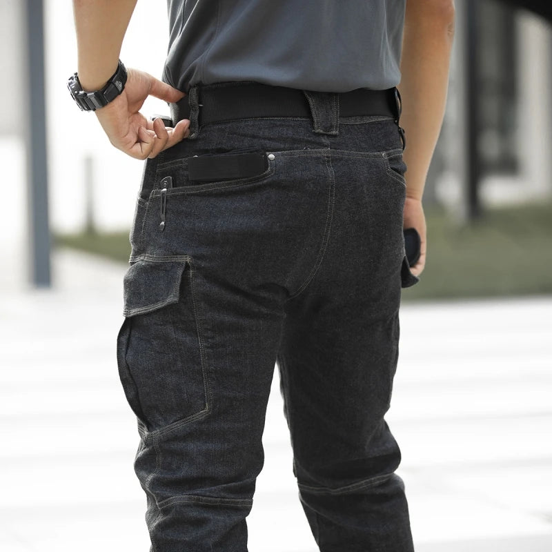 Pantalones vaqueros tácticos para hombre, estilo militar, de mezclilla, cargo, con múltiples bolsillos, elásticos, informales, para trabajo, entrenamiento y senderismo al aire libre.