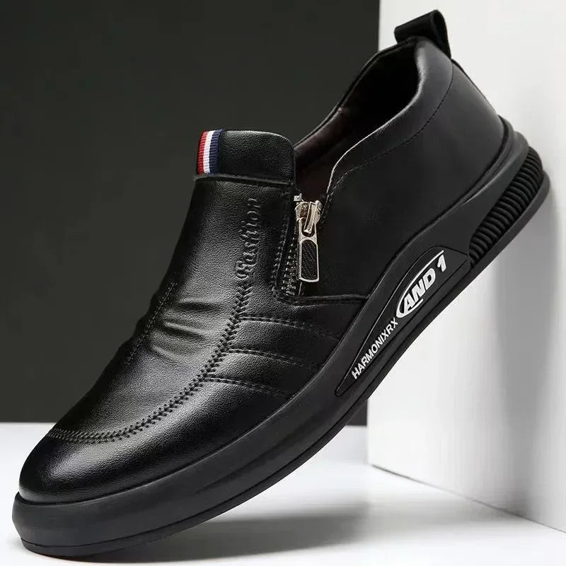 Zapatos casuales de cuero para hombre, mocasines con cremallera, zapatillas de marca de lujo para hombre, cómodos, casuales, mocasines, zapatos para conducir al aire libre.