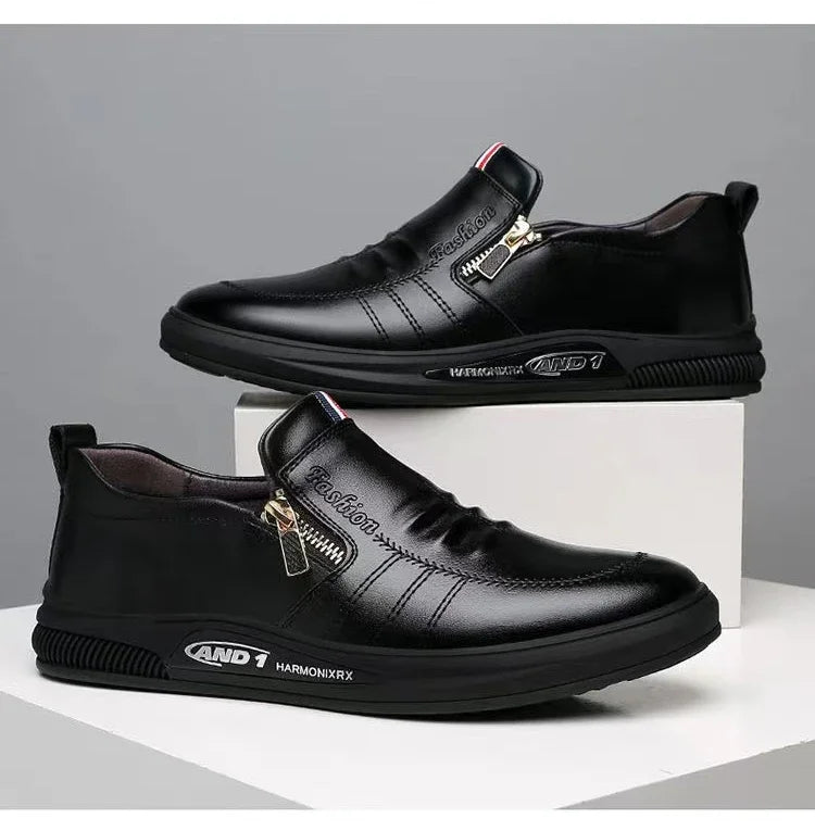 Zapatos casuales de cuero para hombre, mocasines con cremallera, zapatillas de marca de lujo para hombre, cómodos, casuales, mocasines, zapatos para conducir al aire libre.