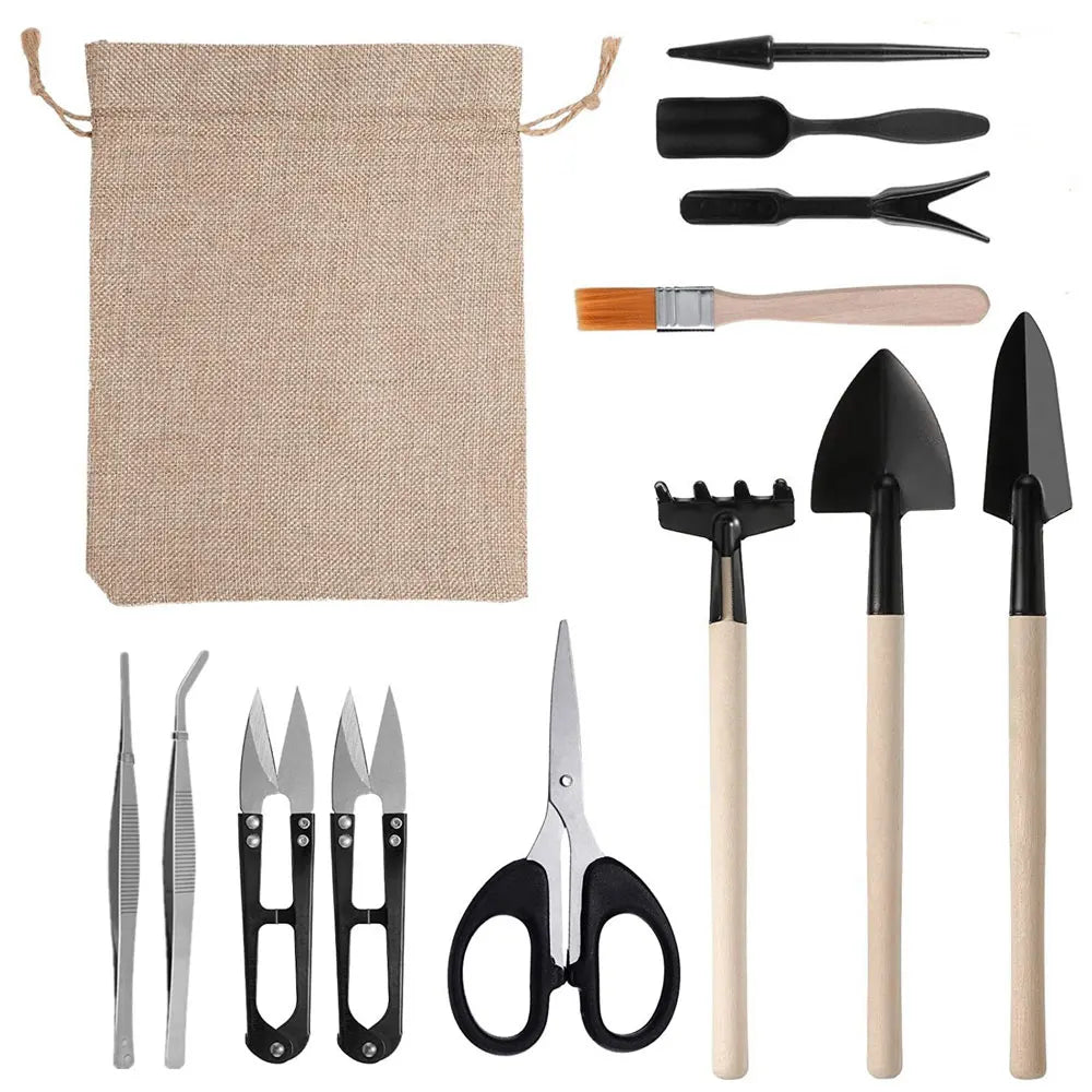 Juego de 13 mini palas, rastrillos, azadas y tijeras para bonsái con mango de madera, ideales para flores, plantas en maceta y deshierbe en el jardín.