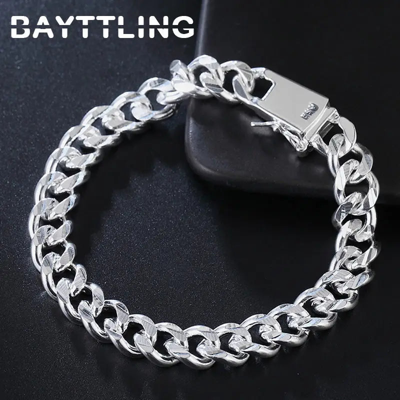Pulsera BAYTTLING de plata de ley 925, 10 mm, cadena cubana de 8 pulgadas, para hombre y mujer, joyería de moda para fiestas y compromisos.