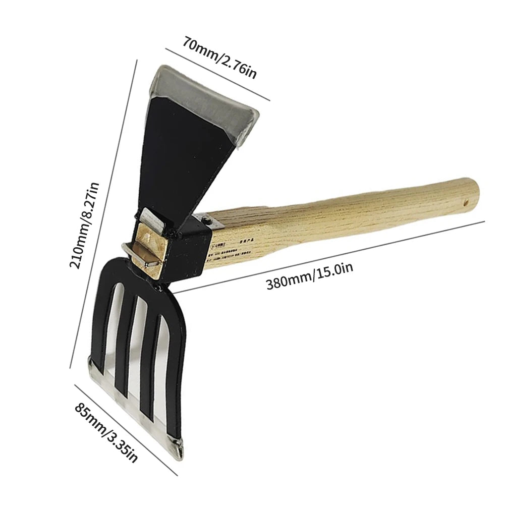 Rastrillo de mano para jardín con mango de madera, azada de doble propósito, azada y cultivador para cavar, desherbar, jardinería y cultivo.