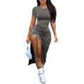 Vestido de mujer de moda, sexy, ajustado, plisado, de color liso, con abertura y cordón ajustable.