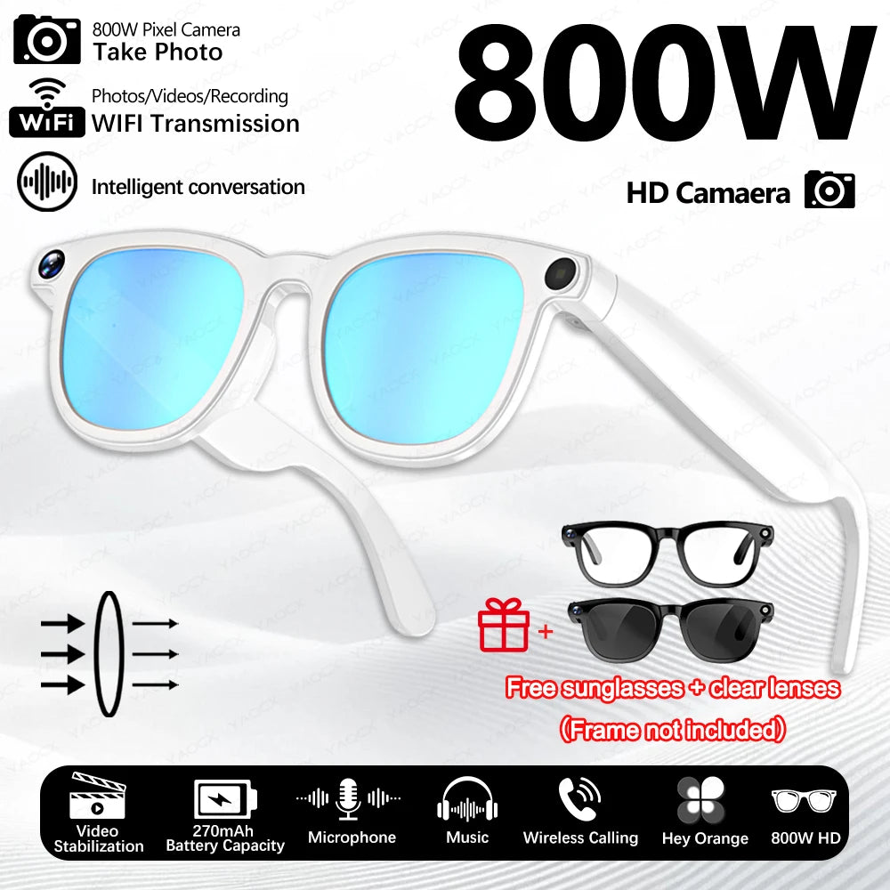 Gafas inteligentes con cámara de píxeles de 800 W, foto y vídeo, gafas de sol con IA, traducción de conversaciones, reuniones de oficina, música y reconocimiento de IA.