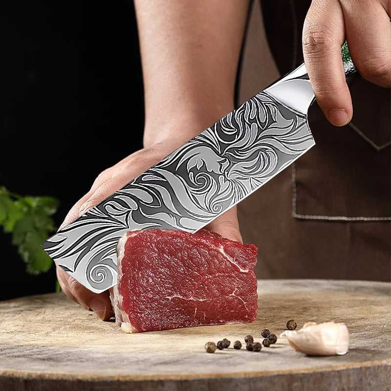 Cuchillo de cocina, cuchillo de chef, cuchillo japonés, cuchillo con patrón de Damasco láser, cuchillo para cortar carne, fruta, pan, verduras, cuchillo deshuesador, cuchillo multiusos para rebanar