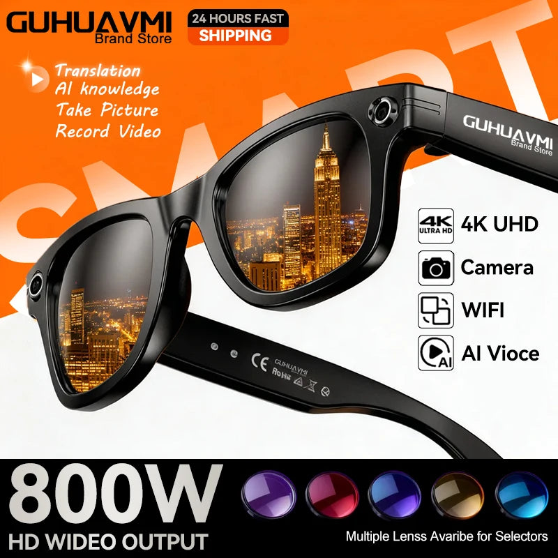 Gafas inteligentes con IA, 800 W, estabilización de imagen, cámara HD, grabación de vídeo, traducción de idiomas, Bluetooth, llamadas y reproducción de música. Para hombre y mujer.