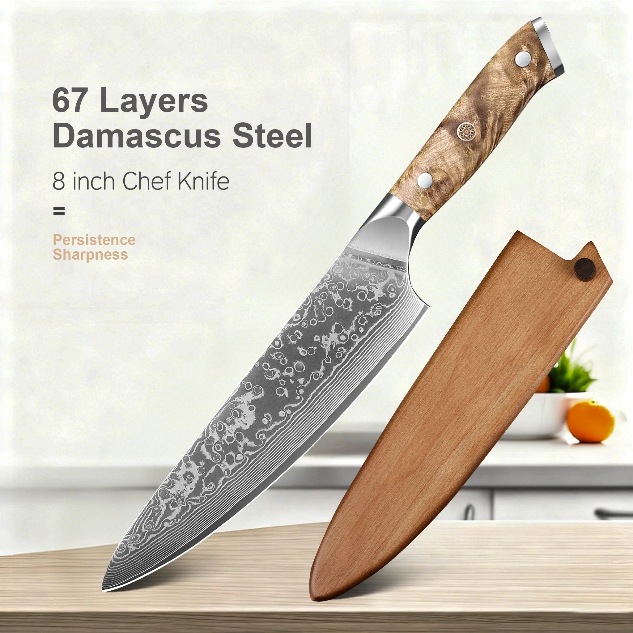 Cuchillo de chef profesional de 8 pulgadas, hecho a mano en acero de Damasco japonés, con mango de madera de raíz natural, ideal para cortar carne y verduras