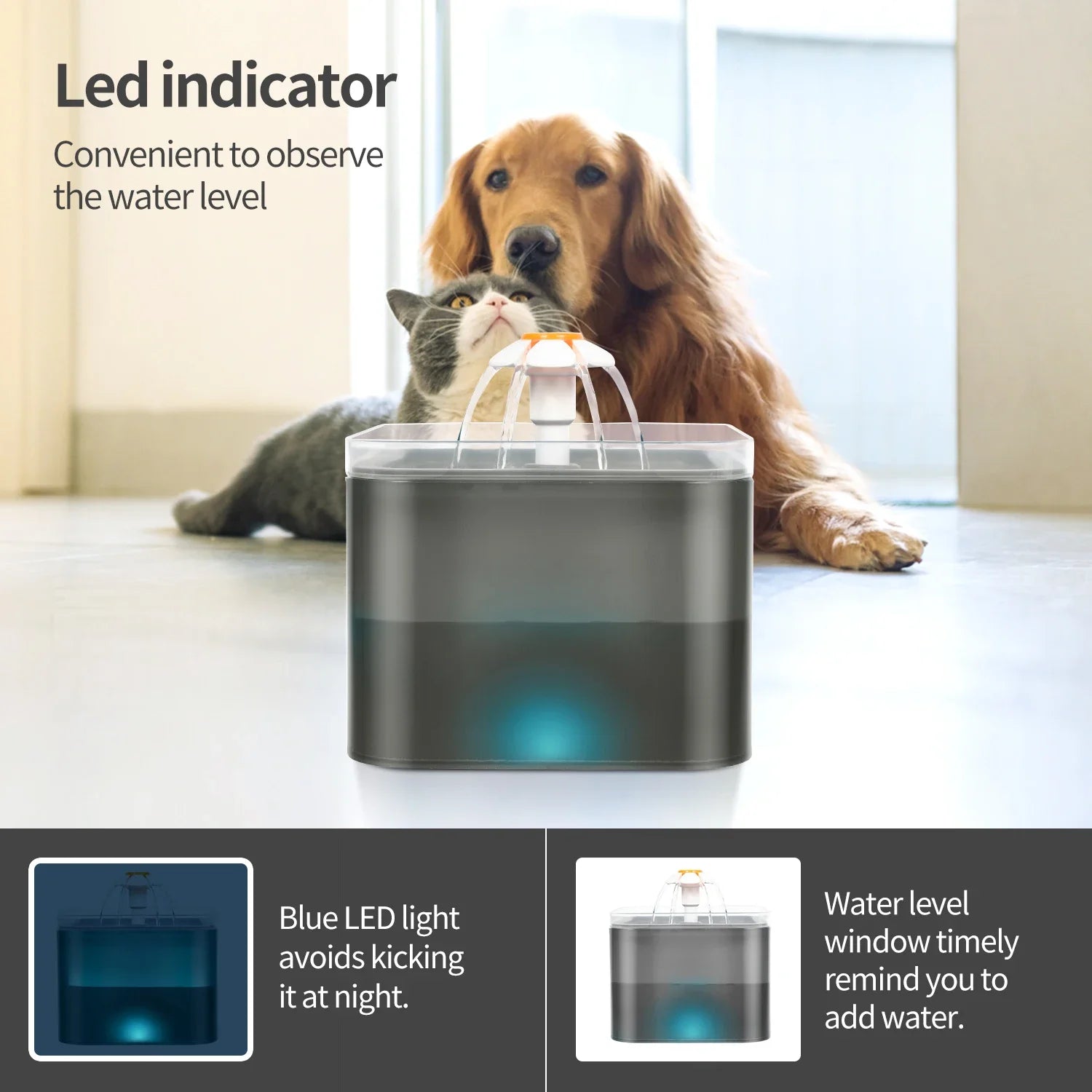 Fuente de agua ultra silenciosa para mascotas de 2 litros (67 oz) con iluminación LED y filtro automático de carbón activado. Dispensador de agua silencioso para gatos y perros pequeños