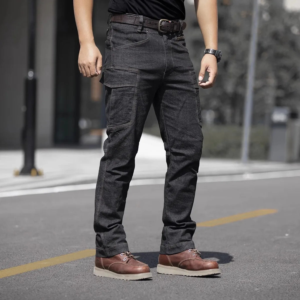 Pantalones vaqueros tácticos para hombre, estilo militar, de mezclilla, cargo, con múltiples bolsillos, elásticos, informales, para trabajo, entrenamiento y senderismo al aire libre.