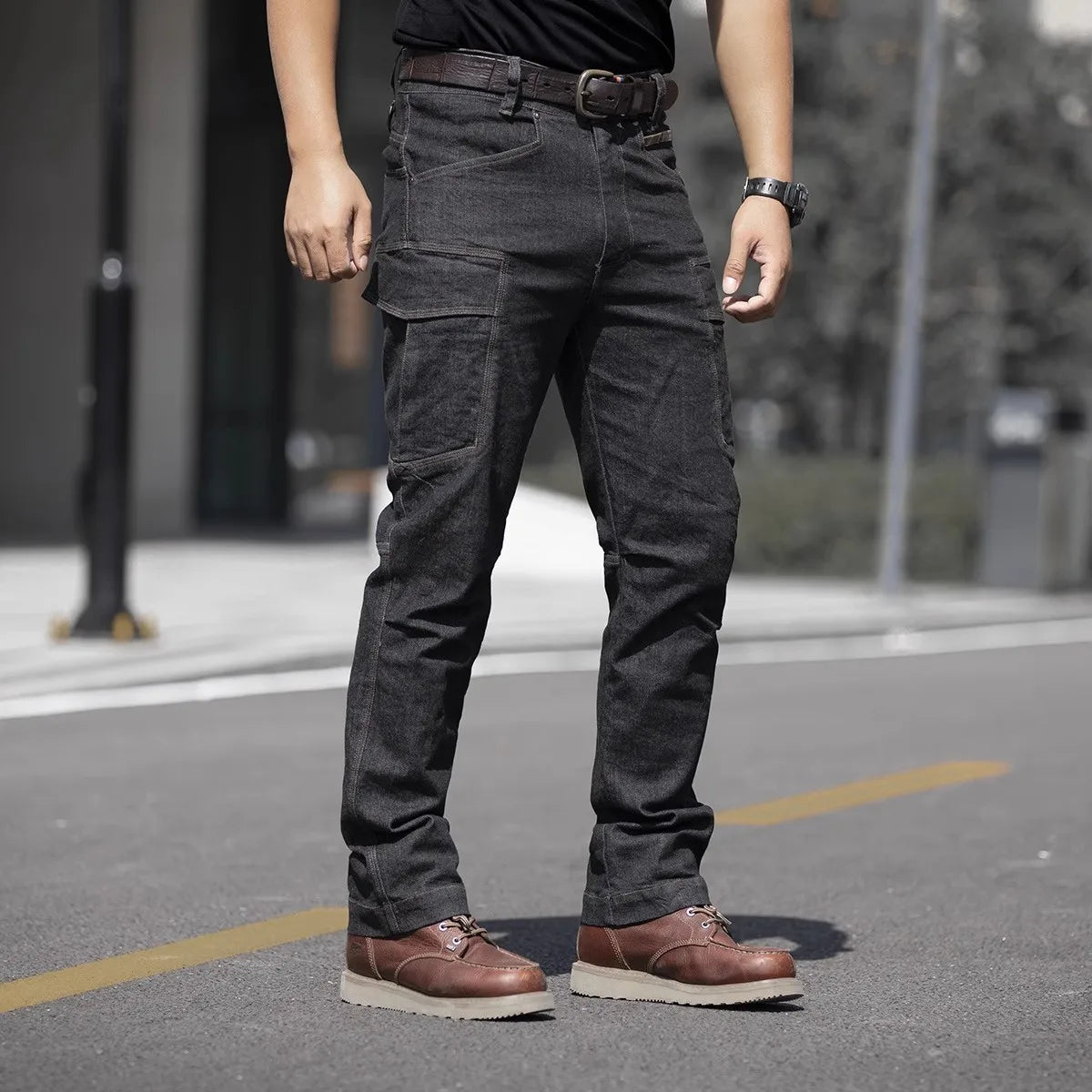Pantalones vaqueros tácticos para hombre, estilo militar, de mezclilla, cargo, con múltiples bolsillos, elásticos, informales, para trabajo, entrenamiento y senderismo al aire libre.