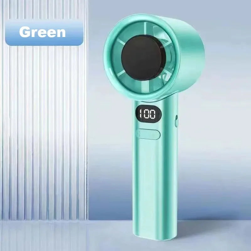 Mini ventilador de mano silencioso, 4 velocidades ajustables, con indicador de potencia y medidor de flujo de aire.