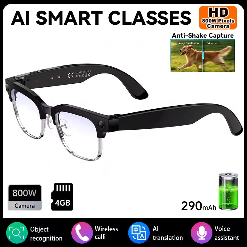 Gafas inteligentes con IA, Bluetooth, 8MP, resistentes al agua (IP66), grabación de video, reconocimiento de fotos y traducción, batería de 290 mAh. Gafas para uso diario.