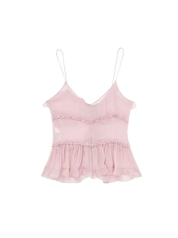 Moda femenina con tops semitransparentes con volantes en la parte delantera y tirantes finos sin espalda, sexys, para mujer