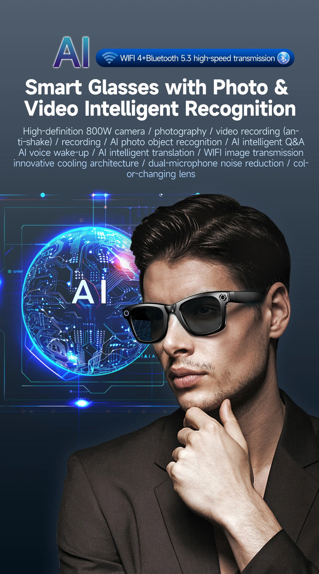 Gafas inteligentes para hombre 2026 con cámara de 8 MP, WiFi, Bluetooth, control táctil, resistencia al agua IP67, traducción con IA, cancelación de ruido y gafas con IA para mujer y hombre.