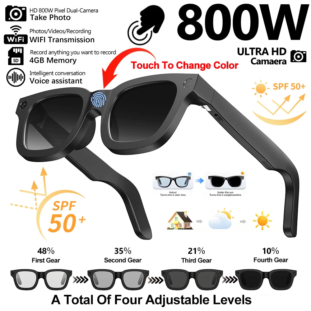 Gafas inteligentes 2026 800W HD Foto Video Grabación IA Traducción Lentes fotocromáticas táctiles Llamadas Bluetooth Música Gafas multifunción
