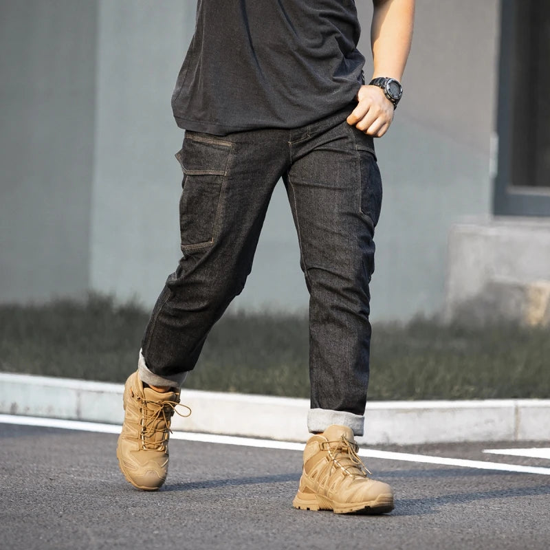 Pantalones vaqueros tácticos para hombre, estilo militar, de mezclilla, cargo, con múltiples bolsillos, elásticos, informales, para trabajo, entrenamiento y senderismo al aire libre.