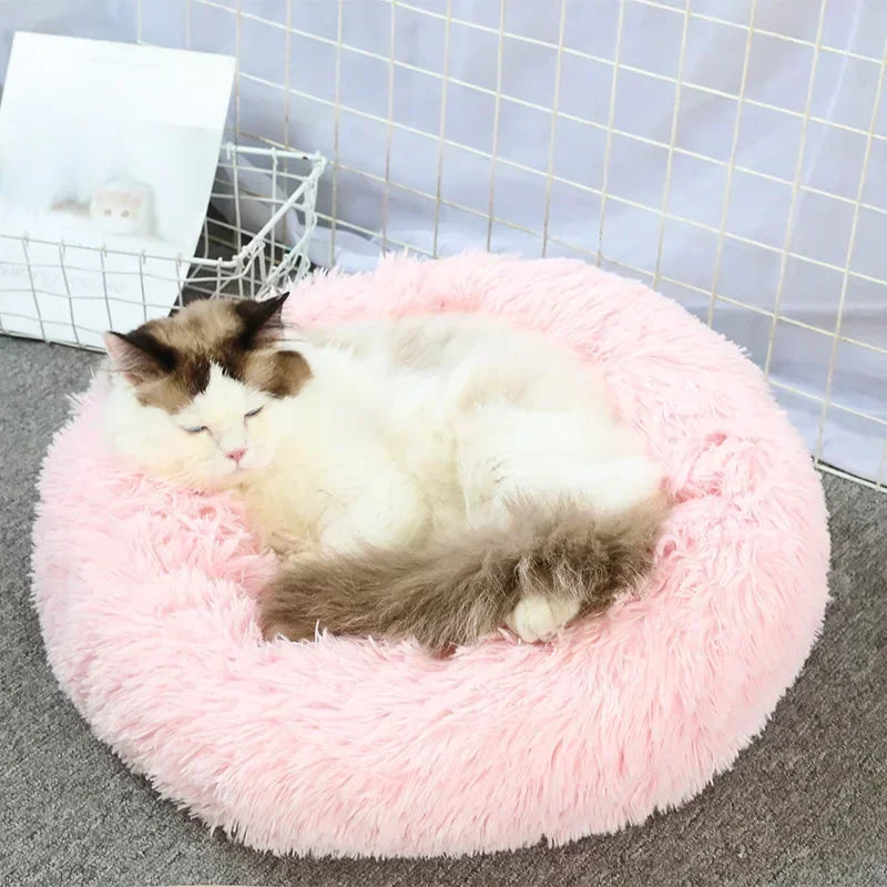 Cama para gatos de pelo largo ultrasuave, de felpa lavable, cama relajante tipo donut, cómoda y funcional.