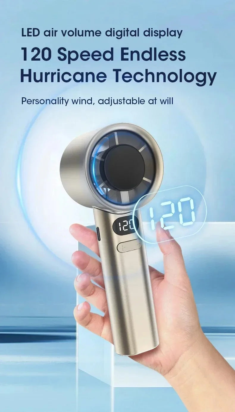 Mini ventilador de mano silencioso, 4 velocidades ajustables, con indicador de potencia y medidor de flujo de aire.