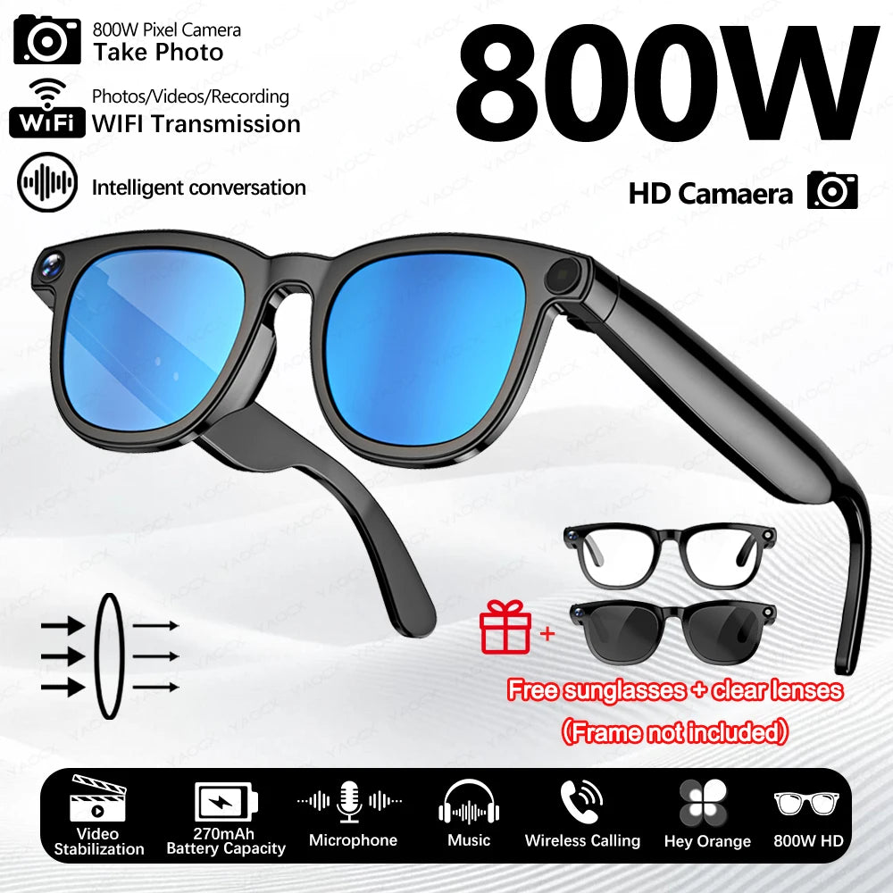 Gafas inteligentes con cámara de píxeles de 800 W, foto y vídeo, gafas de sol con IA, traducción de conversaciones, reuniones de oficina, música y reconocimiento de IA.