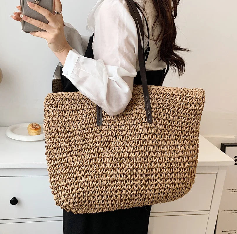 Bolso de mano para mujer, bolso de playa de verano, ratán tejido a mano, paja tejida, gran capacidad, bolsos de mano de cuero para mujer, bolso de hombro bohemio nuevo