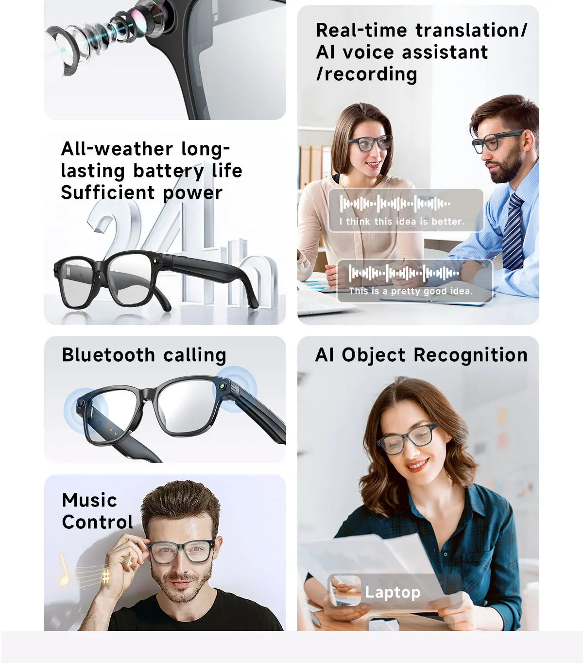 Gafas inteligentes con cámara HD de 8 MP, vídeo HD antivibración de 1200p, asistente de voz inteligente con IA, traducción en tiempo real y reconocimiento de objetos.