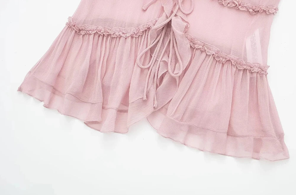 Moda femenina con tops semitransparentes con volantes en la parte delantera y tirantes finos sin espalda, sexys, para mujer