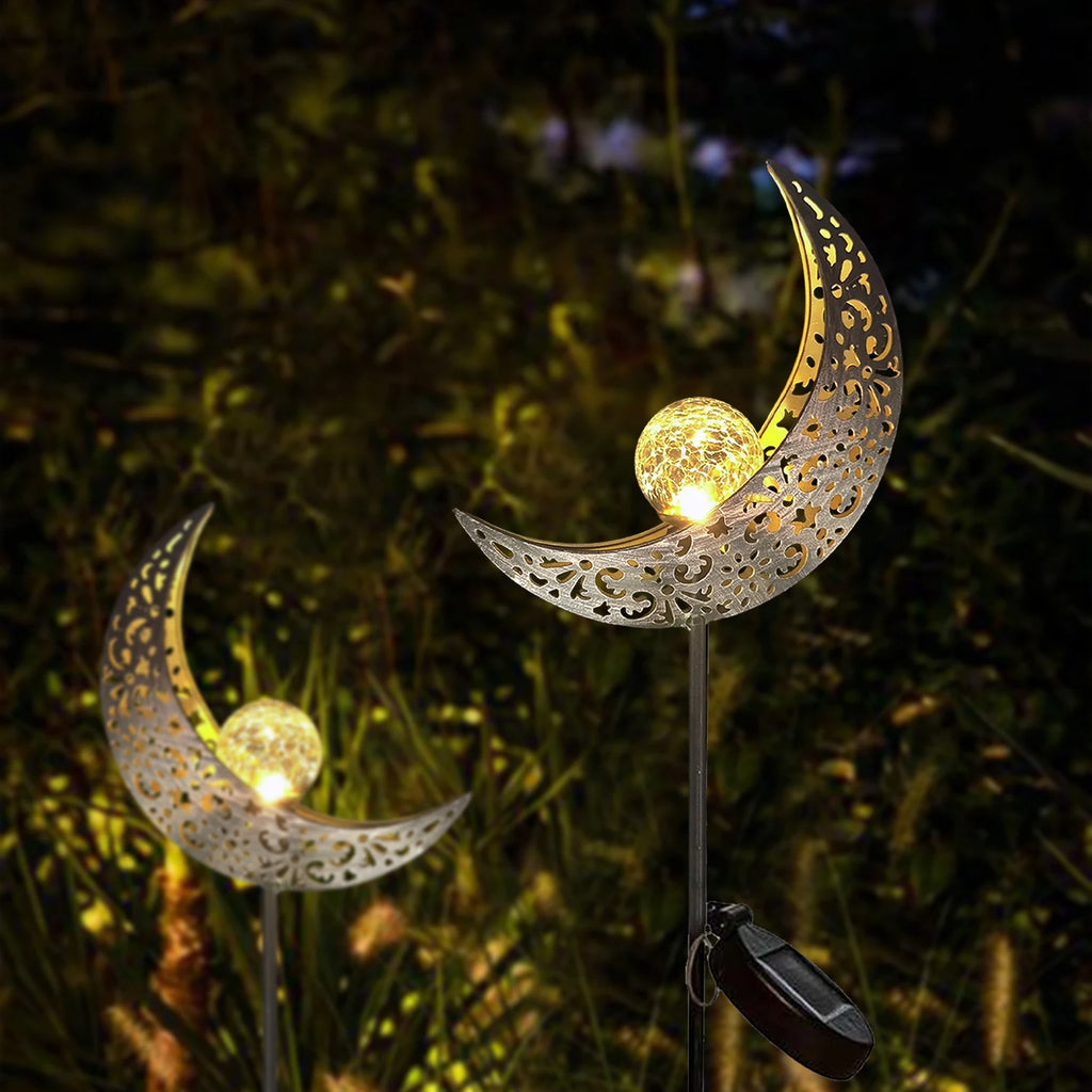 Luces solares para jardín, decoración exterior, luces de cristal craquelado con forma de luna, adorno de metal con estaca LED blanco cálido, regalo único para jardinería.