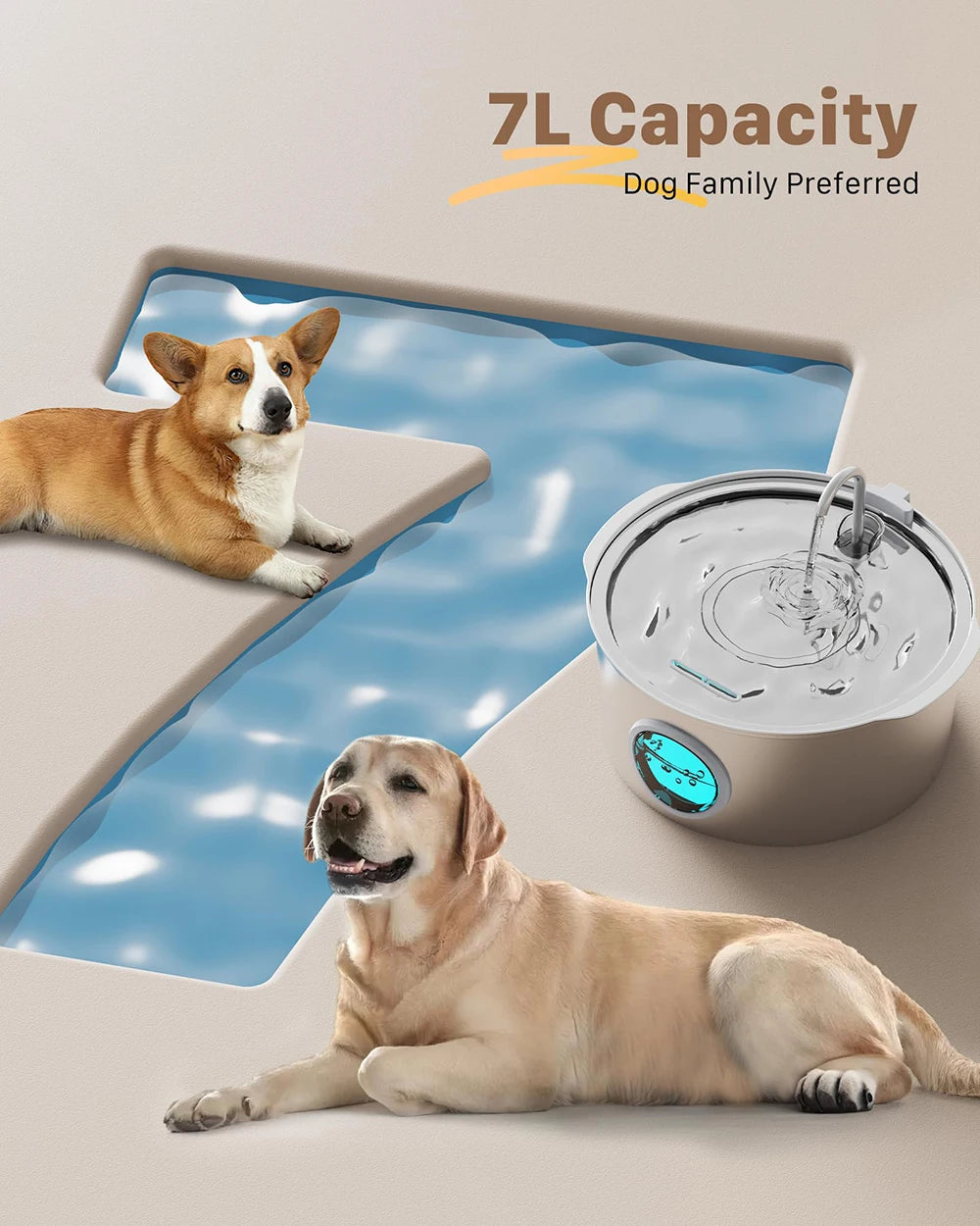 Fuente de agua automática de acero inoxidable de gran capacidad de 7 litros para gatos y perros, bebedero para mascotas, comedero con ventana, silencioso (sin enchufe de 5 V 1 A)