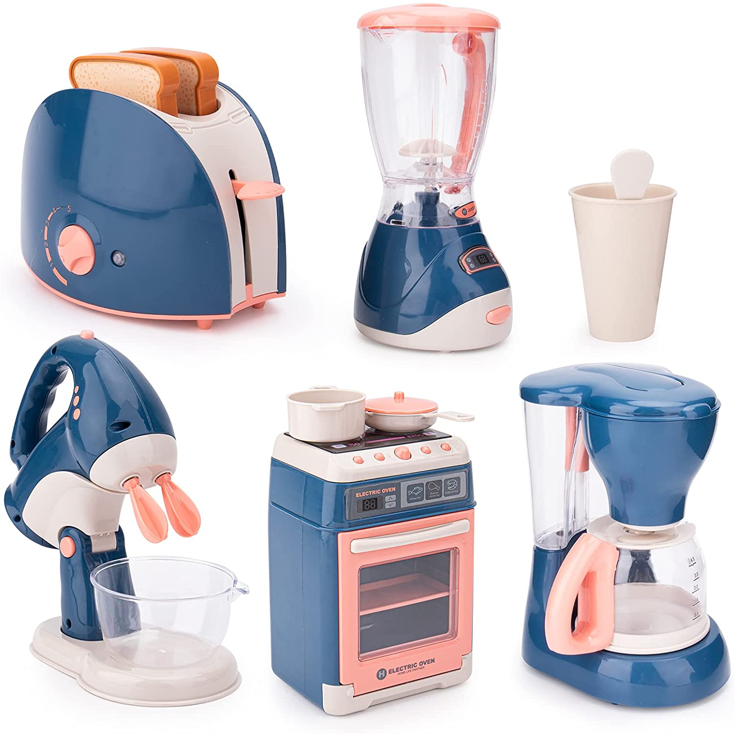 Mini electrodomésticos de juguete para la cocina, juego de imitación con cafetera, licuadora y tostadora para niños y niñas. Regalo ideal.