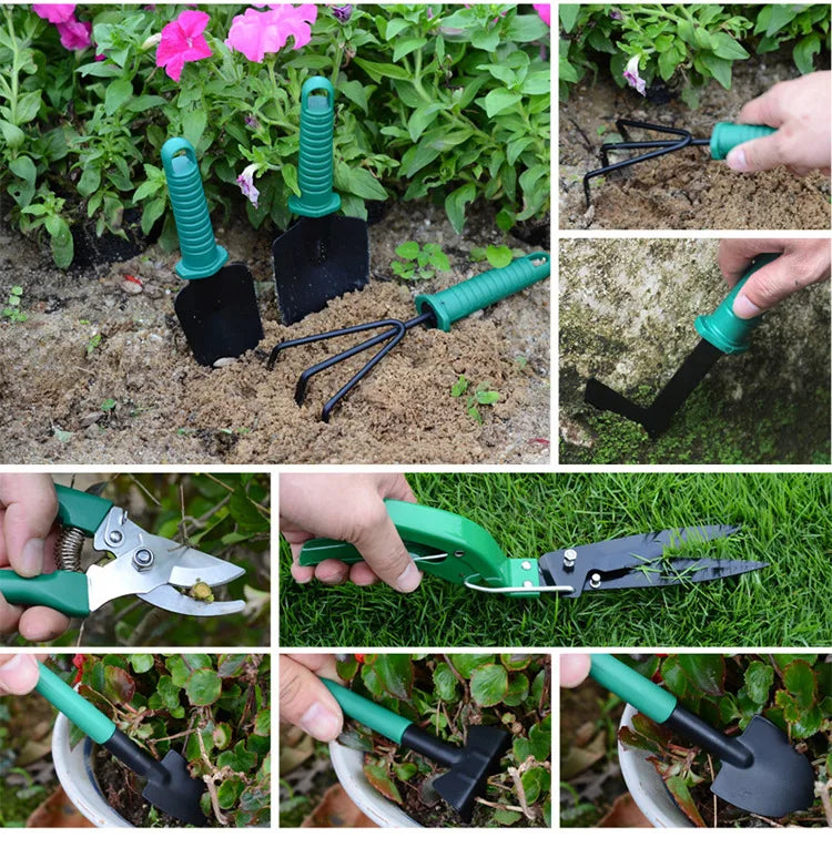 Herramientas de jardinería, herramientas de plantación, bandejas para flores, plantas en maceta, plantas de jardín, palas, juegos de herramientas de impresión para jardín.