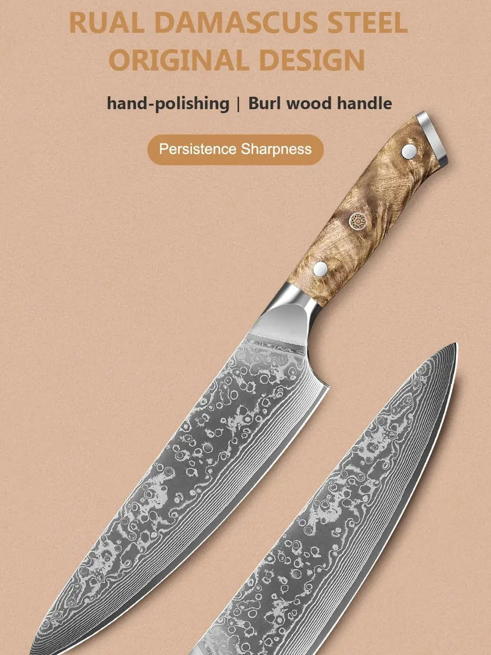 Cuchillo de chef profesional de 8 pulgadas, hecho a mano en acero de Damasco japonés, con mango de madera de raíz natural, ideal para cortar carne y verduras
