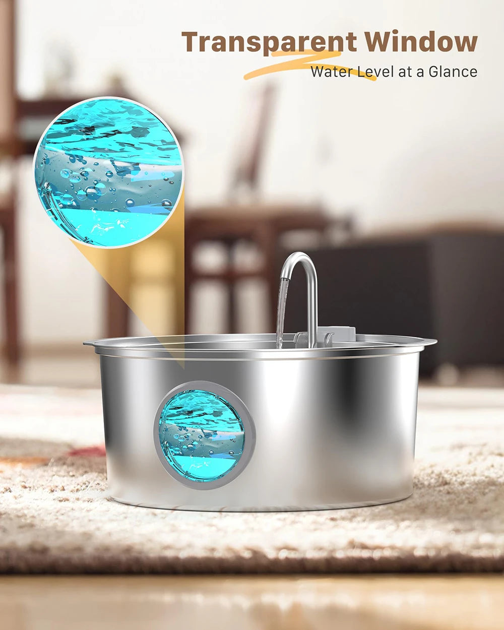 Fuente de agua automática de acero inoxidable de gran capacidad de 7 litros para gatos y perros, bebedero para mascotas, comedero con ventana, silencioso (sin enchufe de 5 V 1 A)