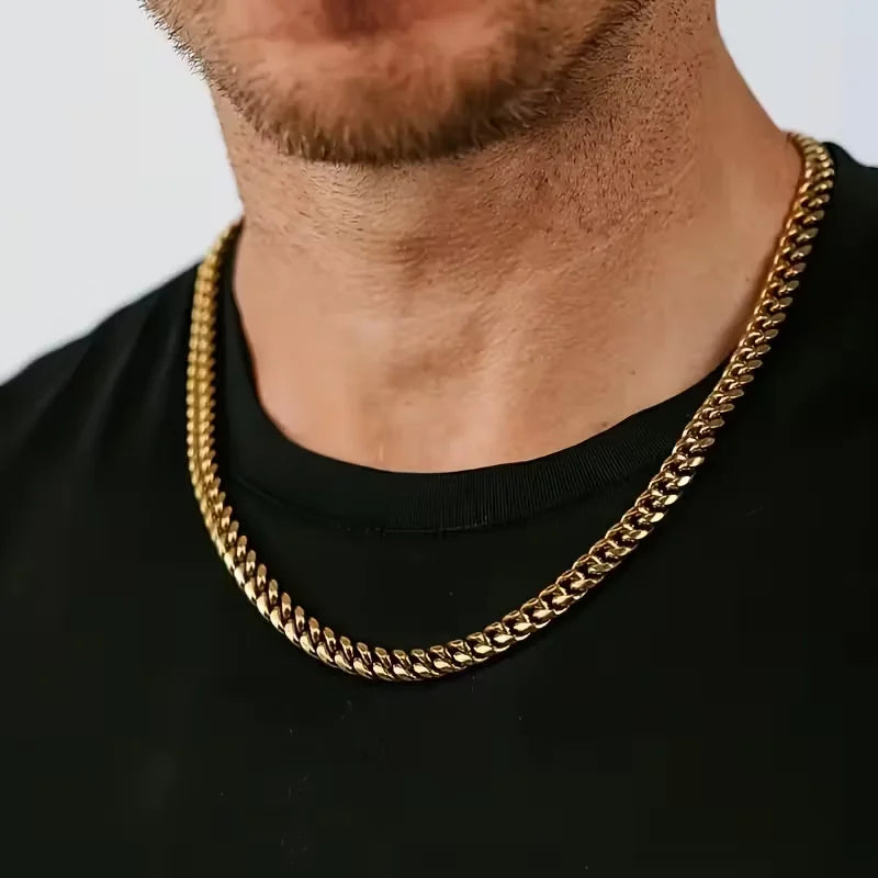 Collar cubano de color plata LUXUKISSKIDS para hombre y mujer, estilo punk básico, de acero inoxidable, eslabones tipo gargantilla, color dorado.