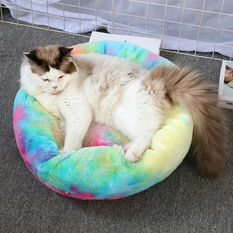 Cama para gatos de pelo largo ultrasuave, de felpa lavable, cama relajante tipo donut, cómoda y funcional.