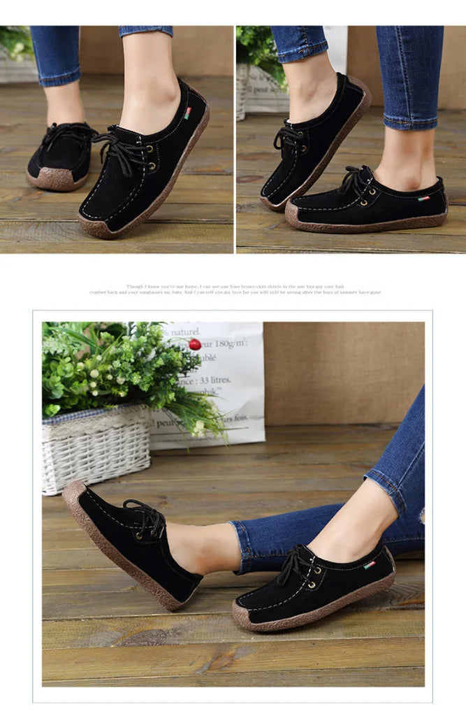 Zapatos casuales de mujer de nueva colección 2025: bailarinas de ante y piel, mocasines con cordones, zapatos de moda para mujer, tallas grandes 35-42.