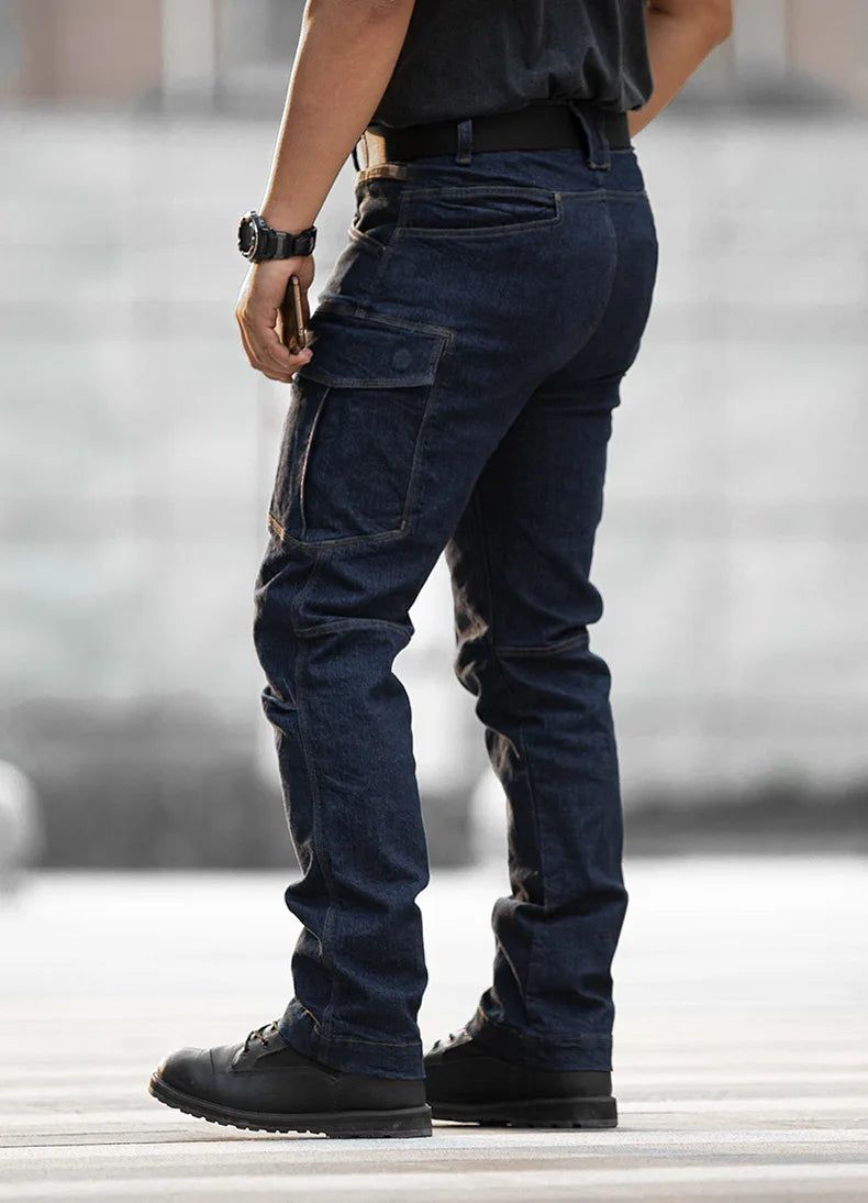 Pantalones vaqueros tácticos para hombre, estilo militar, de mezclilla, cargo, con múltiples bolsillos, elásticos, informales, para trabajo, entrenamiento y senderismo al aire libre.