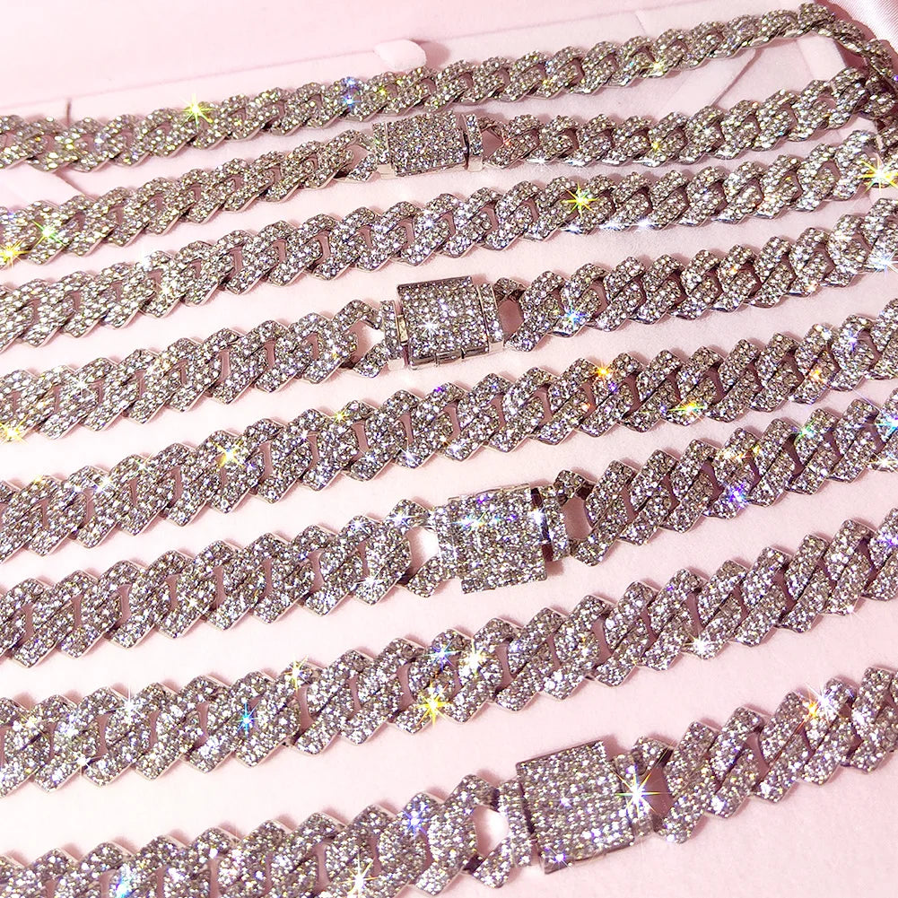 Collar de eslabones cubanos Miami de 14 mm color plata para mujer, con incrustaciones de diamantes de imitación en dos filas, gargantilla cuadrada de eslabones cubanos.