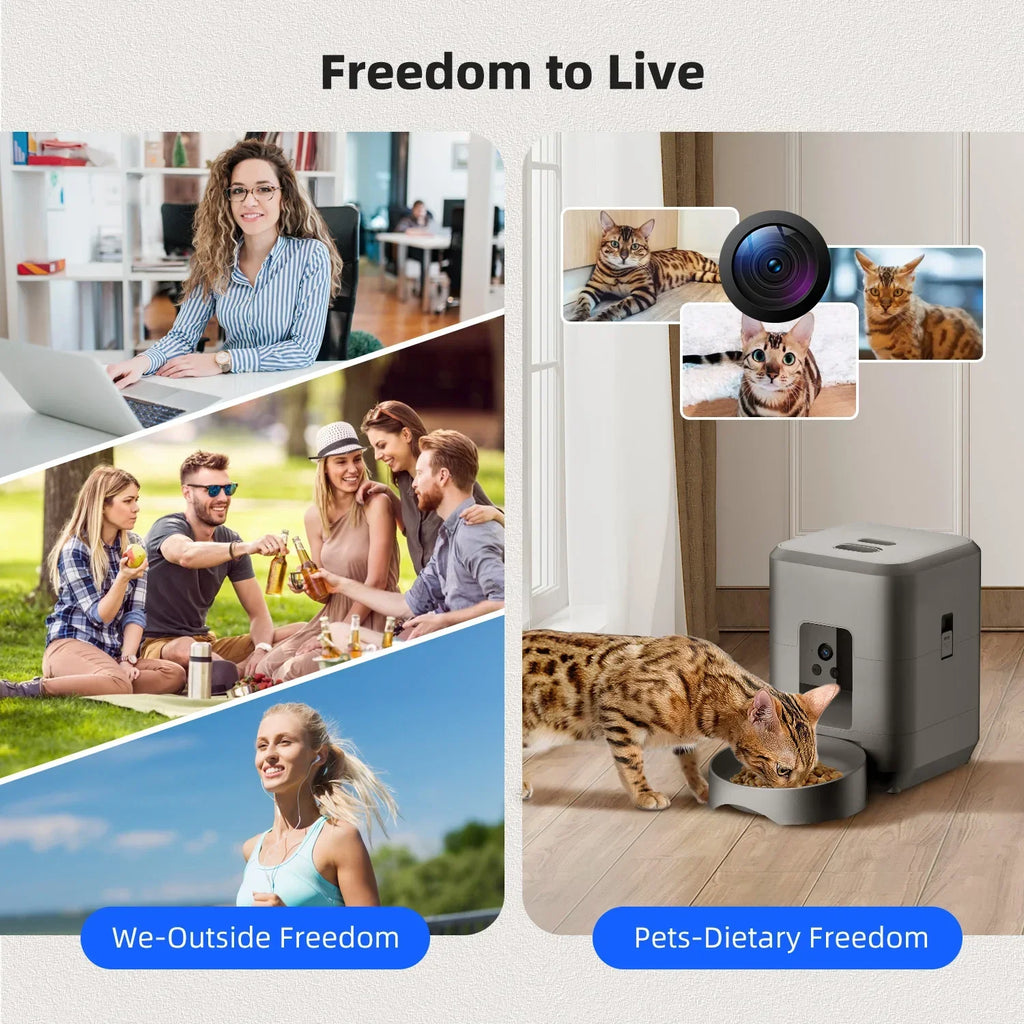 Comedero automático inteligente para mascotas de 2 litros con Wi-Fi y cámara HD 1080P, control por aplicación para alimentar a perros y gatos a distancia.