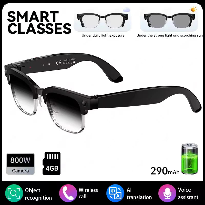 Gafas inteligentes con IA, Bluetooth, 8MP, resistentes al agua (IP66), grabación de video, reconocimiento de fotos y traducción, batería de 290 mAh. Gafas para uso diario.