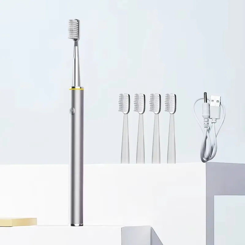 Cepillo de dientes eléctrico con cuerpo de metal fino.