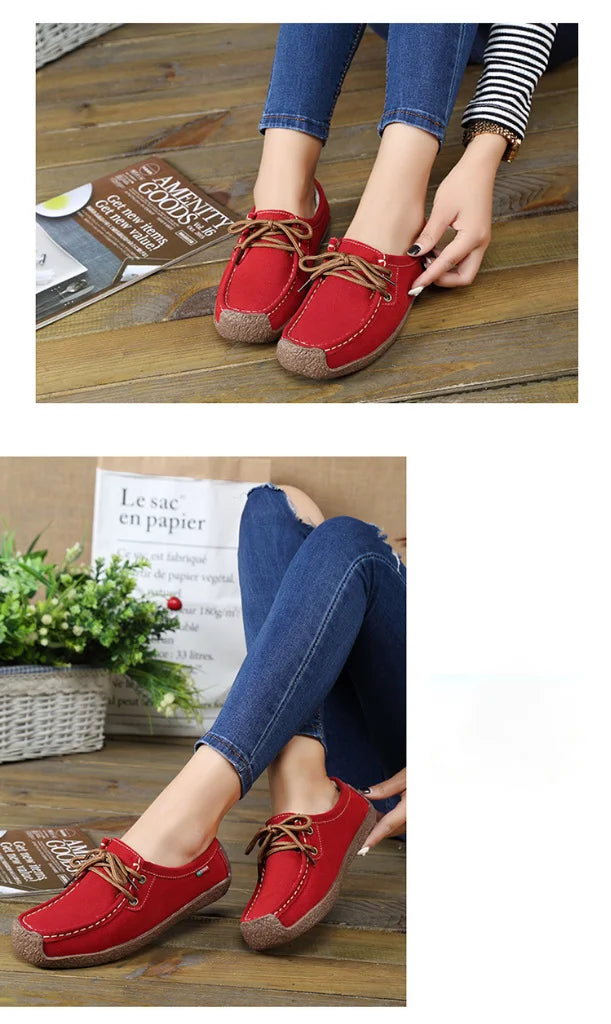 Zapatos casuales de mujer de nueva colección 2025: bailarinas de ante y piel, mocasines con cordones, zapatos de moda para mujer, tallas grandes 35-42.
