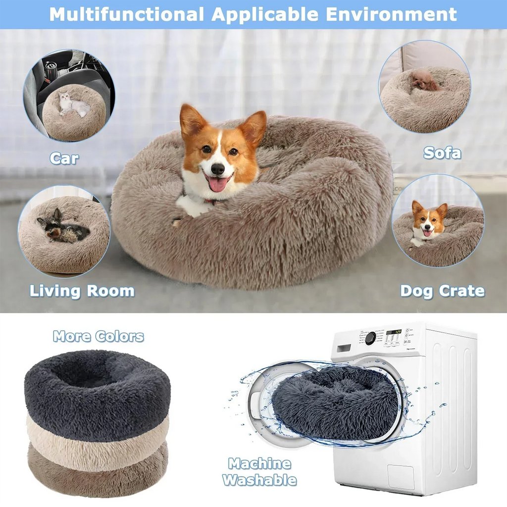 Cama para gatos de pelo largo ultrasuave, de felpa lavable, cama relajante tipo donut, cómoda y funcional.