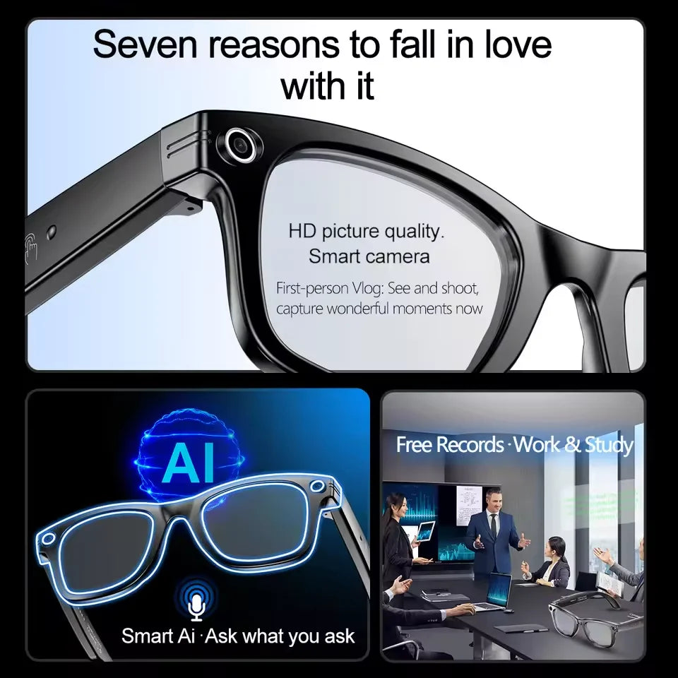 Gafas inteligentes 2026 con cámara de 8 MP, grabación de video, reconocimiento fotográfico por IA, llamadas Bluetooth y traducción de voz. Gafas de sol para hombre y mujer