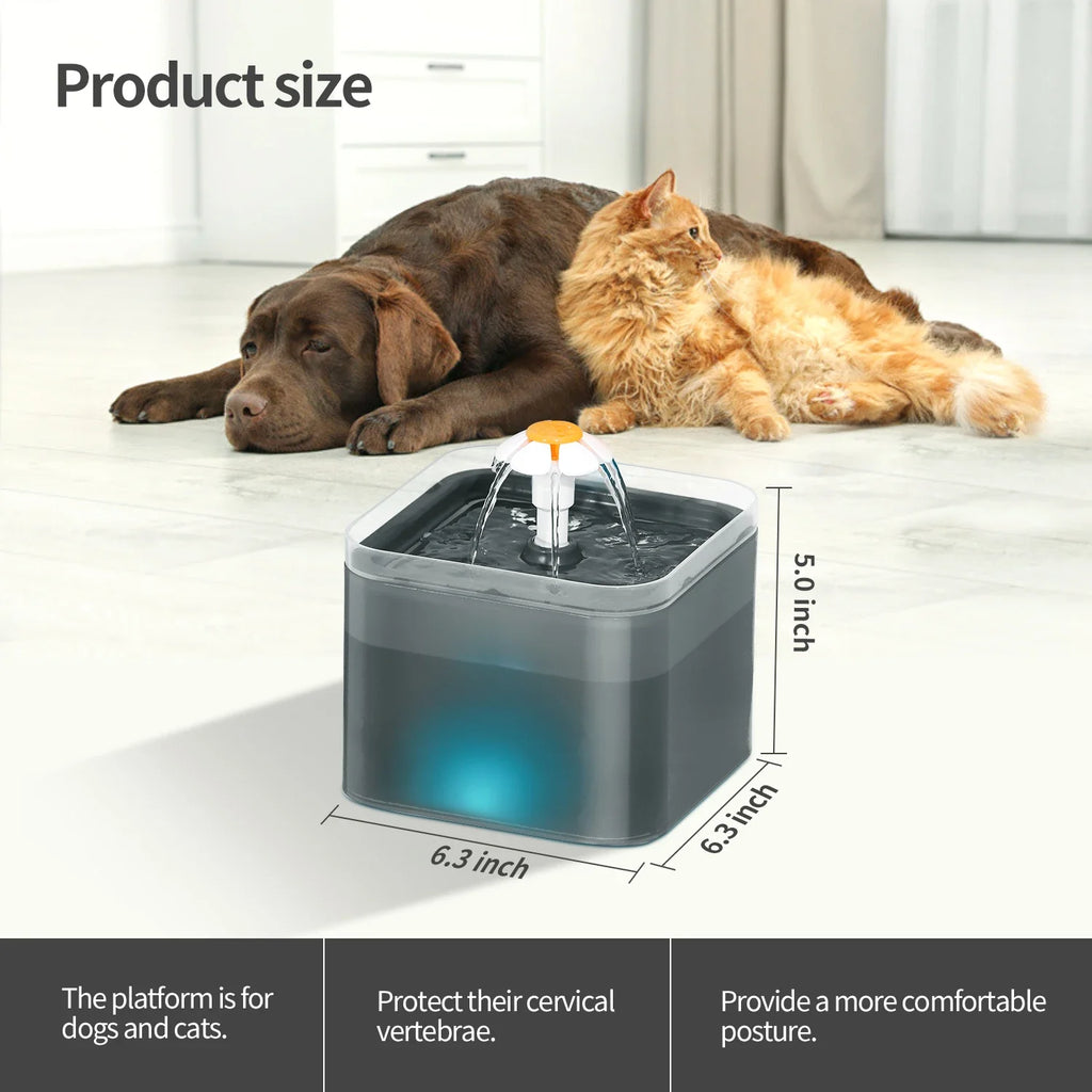 Fuente de agua ultra silenciosa para mascotas de 2 litros (67 oz) con iluminación LED y filtro automático de carbón activado. Dispensador de agua silencioso para gatos y perros pequeños