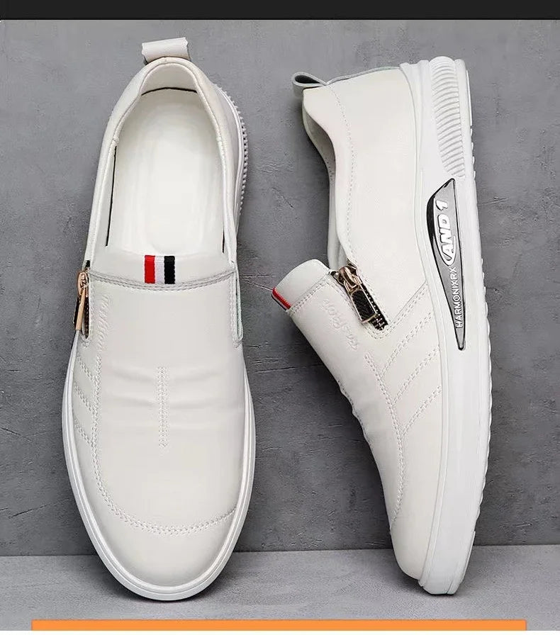 Zapatos casuales de cuero para hombre, mocasines con cremallera, zapatillas de marca de lujo para hombre, cómodos, casuales, mocasines, zapatos para conducir al aire libre.