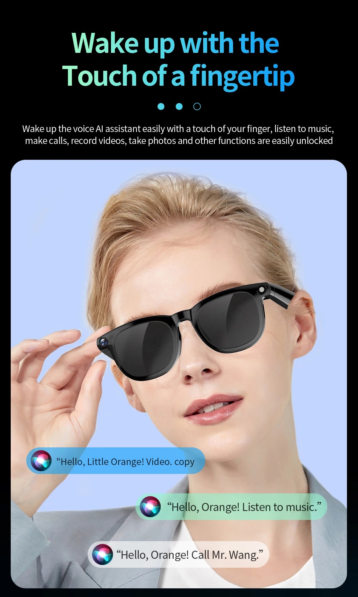 Gafas inteligentes con cámara de píxeles de 800 W, foto y vídeo, gafas de sol con IA, traducción de conversaciones, reuniones de oficina, música y reconocimiento de IA.
