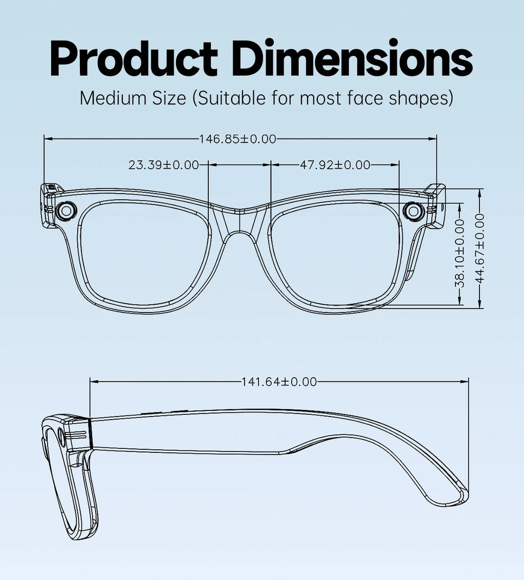 Gafas inteligentes con IA, 5 millones de píxeles, grabación de vídeo, reconocimiento fotográfico, traducción de respuestas, batería de 290 mAh, resistencia al agua IP66, Bluetooth.